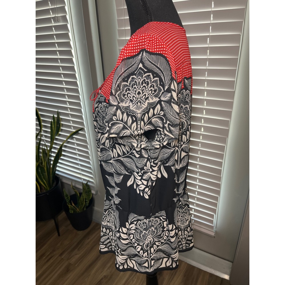 Missimo Boho Peasant Top Large Black White Floral Red Mixed Print Sheer - Picture 9 of 9